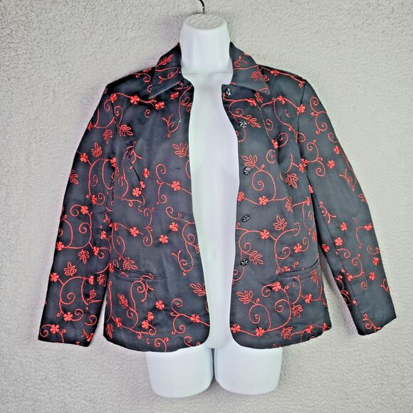 Christine Phillipe Womens Blazer 8 Black Red Floral Embroidered Cotton Pockets - Picture 7 of 15